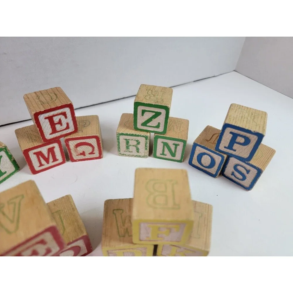 Wooden Alphabet ABC Blocks Vintage Style Colored Letter Learning Toy Lot